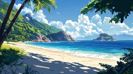 Naklejka premium Tropical Island Beach Scene Lush Greenery Sunny Sky