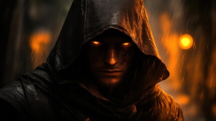 Hooded figure with glowing eyes in rain. (1)