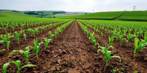 Obraz premium Lush Green Cornfield Rows Under a Cloudy Sky with Expansive Farmland Landscape and Vibrant Soil in the Background, Capturing the Essence of Agriculture and Growth