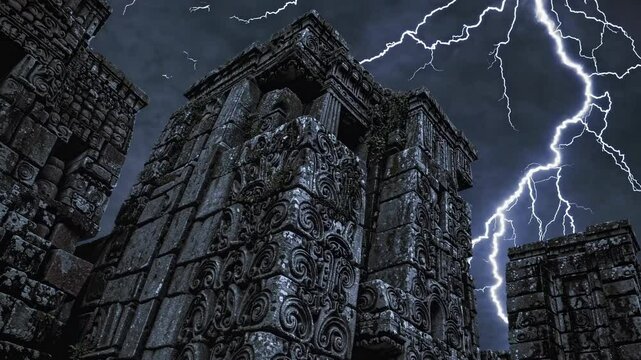 Ancient Greek-style Ruins with Lightning Strike at Night, for Artistic Expression or Storytelling