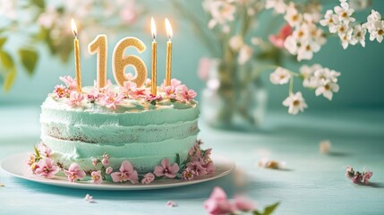 A pastel-frosted birthday cake with glowing gold number 16 candles, surrounded by delicate floral decorations.