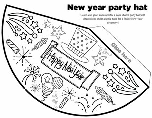 Create a festive New Year party hat by coloring, cutting, gluing, and assembling a cone shape with fun decorations and elastic. Perfect for celebrations and easy for kids and adults alike!