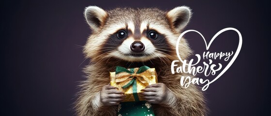 Fototapeta premium Adorable Raccoon Holding Gift Celebrates Happy Fathers Day