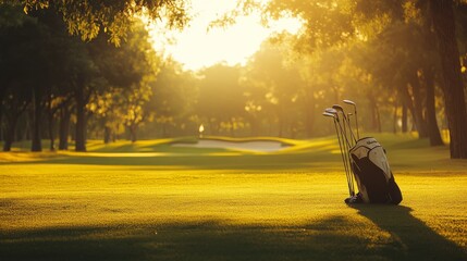 A serene golfing session on a sunlit fairway, Golf clubs and tees set up for tee-off, Classic sports style