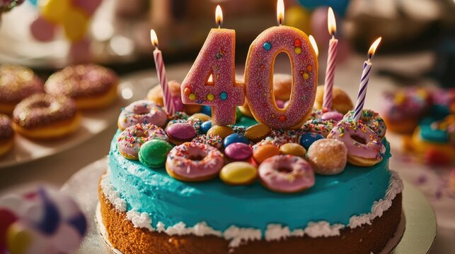 A playful cake with "40" candles, donut toppers, and candy decorations, perfect for a quirky and colorful birthday party.