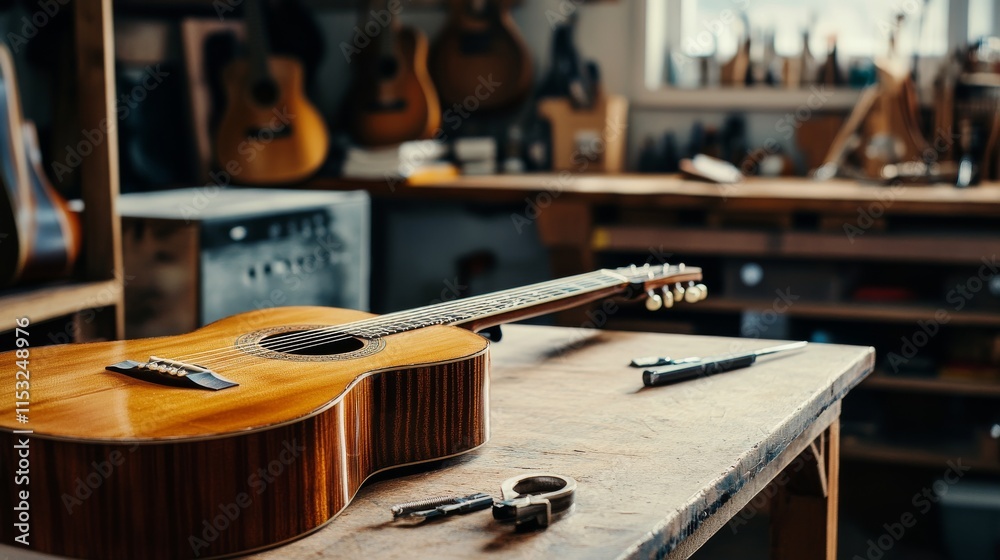 Aufkleber a serene guitar tuning station with tuning tools and a polished guitar neatly placed, a quiet room w
