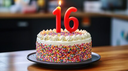 A rainbow cake with confetti sprinkles and a bold red number 16 candle glowing on top, perfect for a sweet sixteen.