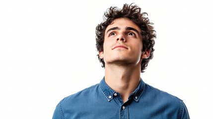 Fototapeta premium Young Man Looking Upward in Solid Blue Shirt Against Plain Background