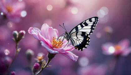 Obraz premium A close-up of a black and white butterfly perched on a pink flower against a blurred purple background with white highlights