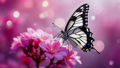Naklejka premium A close-up of a black and white butterfly perched on a pink flower against a blurred purple background with white highlights