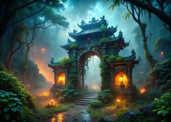 Fototapeta premium Misty Night Enchanted Temple Gate - Low Light Fantasy Scene