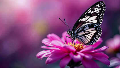 Naklejka premium A close-up of a black and white butterfly perched on a pink flower against a blurred purple background with white highlights