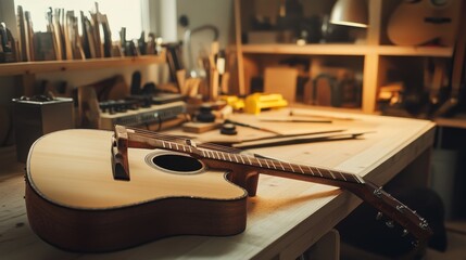 A serene guitar tuning station with tuning tools and a polished guitar neatly placed, A quiet room with soft lighting and a clean workbench, Minimalist musical style