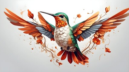 Obraz premium A stunning hummingbird soaring on a white backdrop. Illustration produced by AI