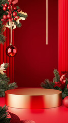 3D Christmas podium display with ornaments and evergreen branches golden red and green poster background, new year and xmas advertising showcasing