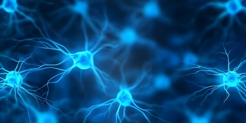 A close-up view of neurons with glowing blue connections, representing neural networks in a digital or biological context. Concept Neural Networks, Glowing Connections, Close-up Neurons