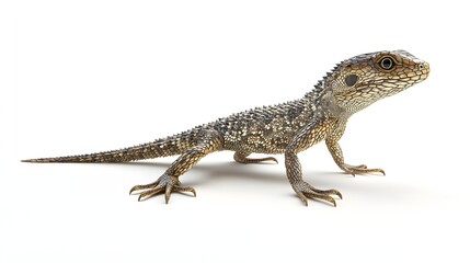 Naklejka premium A small lizard with patterned scales sits on white