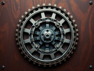 Obraz premium Intricate Metal Gear Wheel with Exquisite Design and Detail Showcasing the Beauty of Mechanical Engineering Against a Wooden Background