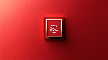 Minimalist design with bright red background and gold frame, celebrating Chinese New Year 2024 with joy and festivity