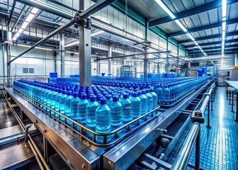 Naklejka premium Modern Bottling Plant: Plastic Water Bottle Production Line Architecture