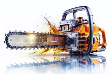 Fototapeta premium Modern Chainsaw, Powerful Engine, Professional Logging Equipment, New Chainsaw Design, Isolated Chainsaw Image