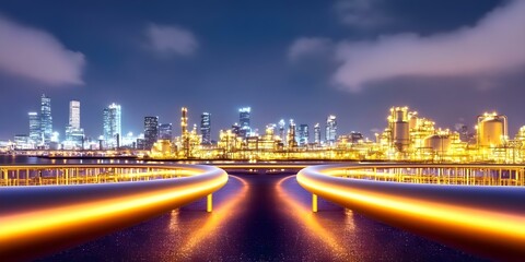 Obraz premium A nighttime industrial skyline featuring illuminated buildings and pipelines, reflecting a vibrant urban environment. Concept Nighttime Skyline, Illuminated Buildings, Urban Environment