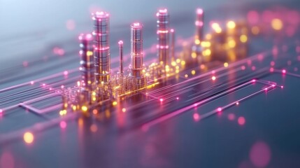 Futuristic industrial cityscape on circuit board.