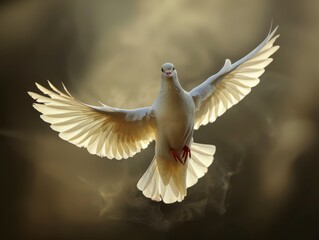 Fototapeta premium Majestic White Dove Gliding with Wings Extended in Soft Light