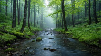 Obraz premium Misty Forest Stream Flows Through Lush Green Woods