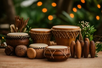 A selection of traditional Brazilian hand drums and percussion instruments, made from natural wood and leather, arranged with green foliage and warm ambient lighting