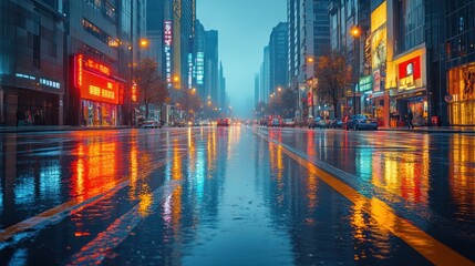 Obraz premium A rainy city street reflecting colorful lights and buildings at dusk.