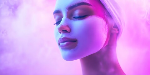 A woman with a serene expression, wearing a skincare mask, against a colorful, ethereal background. Concept Serene Woman, Skincare Mask, Ethereal Background, Relaxation, Beauty Rituals