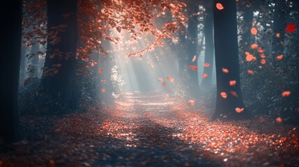 Autumnal Path Through A Misty Forest With Falling Leaves