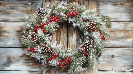 Snowy New Year’s wreath on a rustic wooden door with red berries and frosted pinecones
