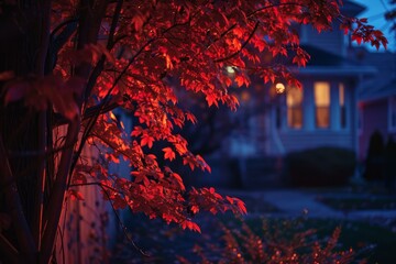 Vibrant red maple leaves glowing in twilight, creating a warm and inviting autumn scene in front of a suburban home
