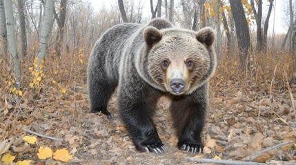 A close-up of a grizzly bear in a forest setting with autumn foliage.