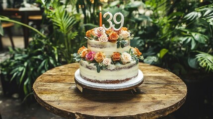 A whimsical garden-inspired cake with "39" candles, edible flowers, and a rustic wooden table surrounded by greenery.