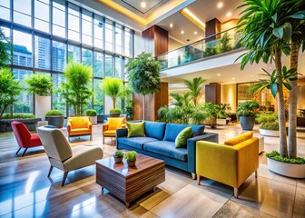 Fototapeta premium Modern Hotel Lobby Interior Design with Comfortable Seating and Copy Space