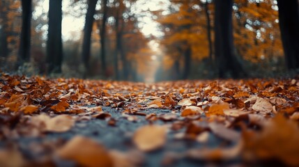 Autumn Leaves Covering Forest Path In Fall