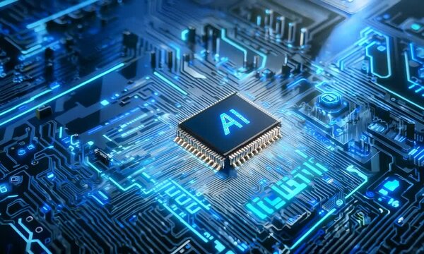 A close-up view of a microchip on a circuit board, featuring glowing blue circuitry and the letter 'A' prominently displayed on the chip, symbolizing artificial intelligence.