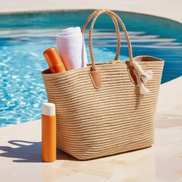 Swimming pool essentials concept. Beach bag with items for safe sunbathing near swimming pool, white blanket and sunscreen product