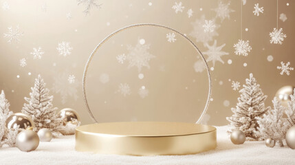 3D Christmas podium display with ornaments and evergreen branches golden silver poster background, new year and xmas advertising showcasing