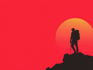 Peak Travel silhouette minimalist. Traveler silhouette standing on peak with red sunset