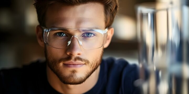 A young man with glasses and a focused expression, standing near glassware, suggesting a scientific or experimental setting. Concept Scientific Research, Glassware Setup, Focused Expression