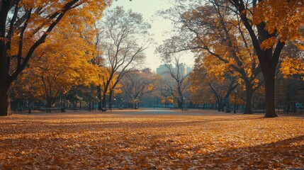 Fototapeta premium Autumnal Park Pathway Golden Leaves Cityscape