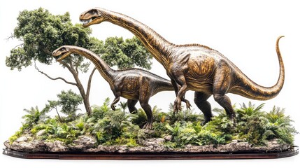 A detailed sculpture of two dinosaurs amidst lush greenery and trees.