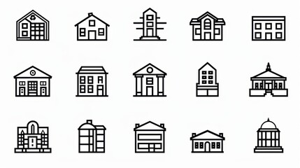 House and Building Icon Set on White Background