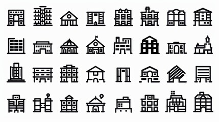 House and Building Icon Set on White Background