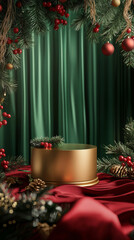 3D Christmas podium display with ornaments and evergreen branches golden red and green poster background, new year and xmas advertising showcasing