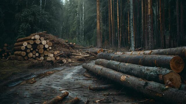 felled trees in the forest, the wood processing industry